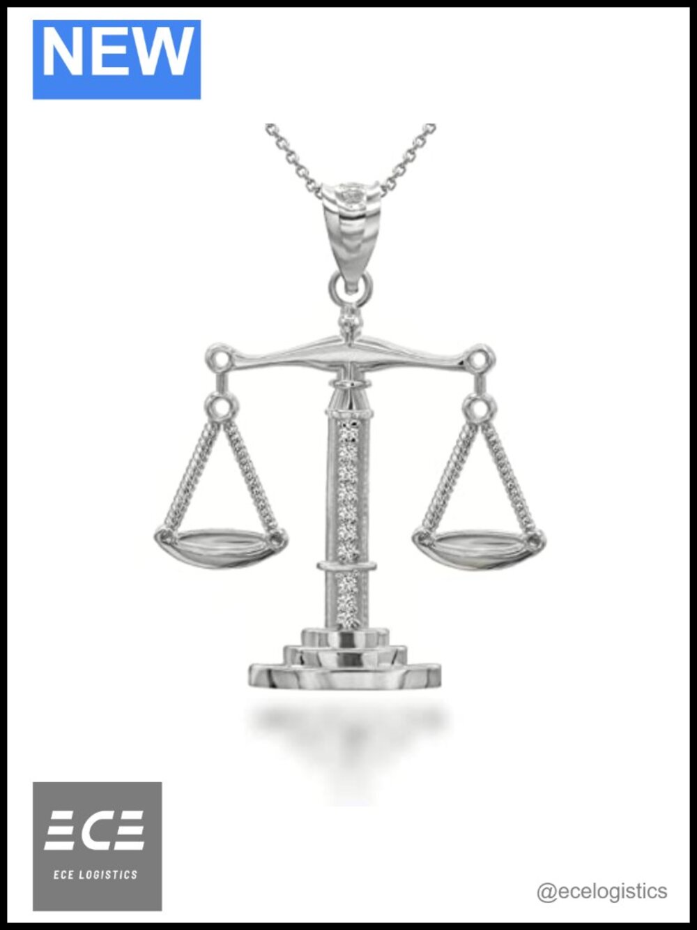 925 Sterling Silver CZ Scales of Justice Pendant Necklace 20" Rolo Chain